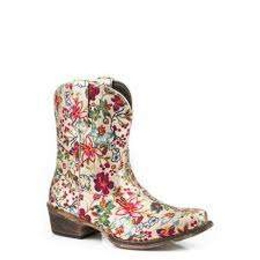 Roper Womens Floral Western Boots Cream Multi‎ Snip Toe Cowgirl Block Heel